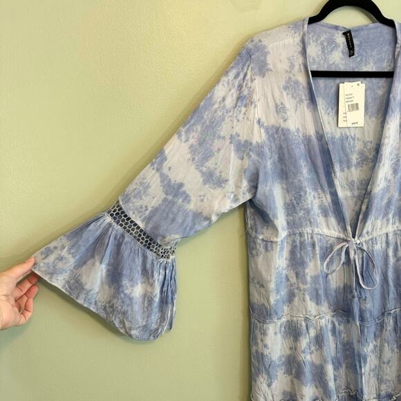 Raviya Women's Blue Tie-Dyed Lace Trim Bell-Sleeve Tiered Cover-Up Medium NWT - Picture 12 of 12